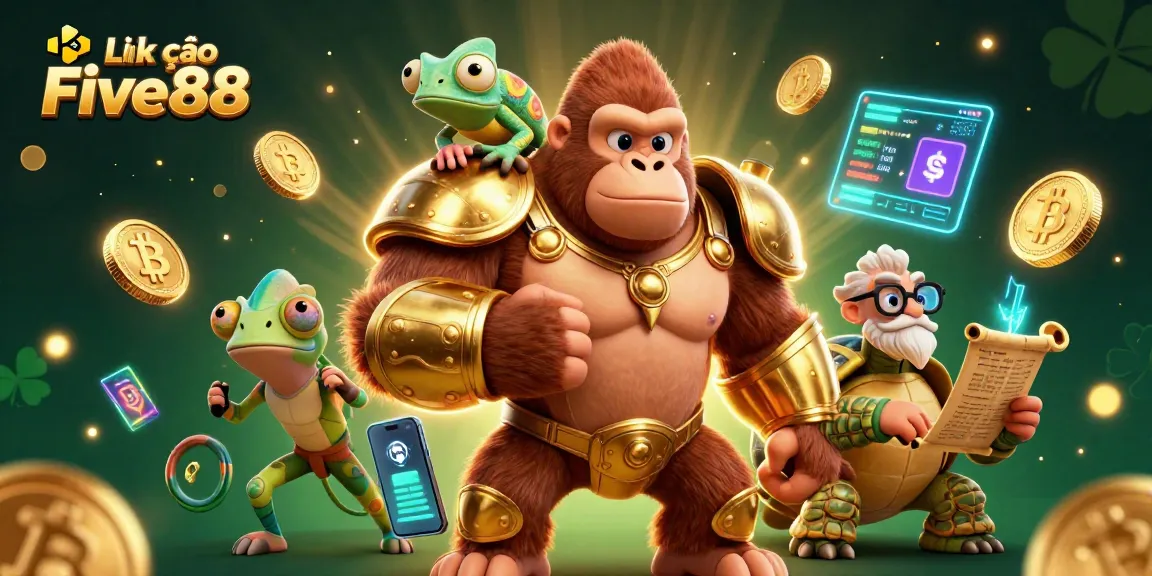 Link vào Five88 features a powerful gorilla with a chameleon and tortoise among vibrant casino elements.