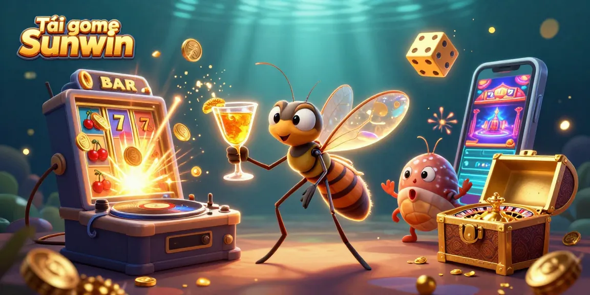 Play Tải game Sunwin with a vibrant 3D illustration featuring a lively casino mascot and gambling elements.