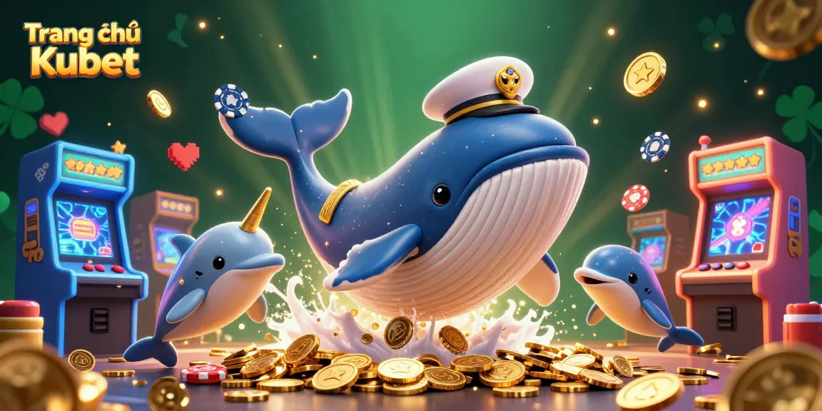 Join the fun at Trang chủ Kubet with a vibrant 3D scene of whales, dolphins, and coins in a lively casino.
