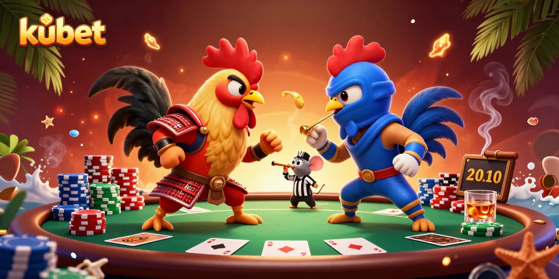 Experience thrilling kubet action with cartoon fighting roosters and vibrant gaming elements.