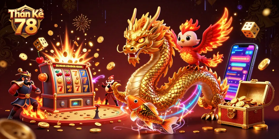 Experience thrilling cockfighting with Thần Kê 78 featuring a dragon and phoenix against a dynamic casino backdrop.