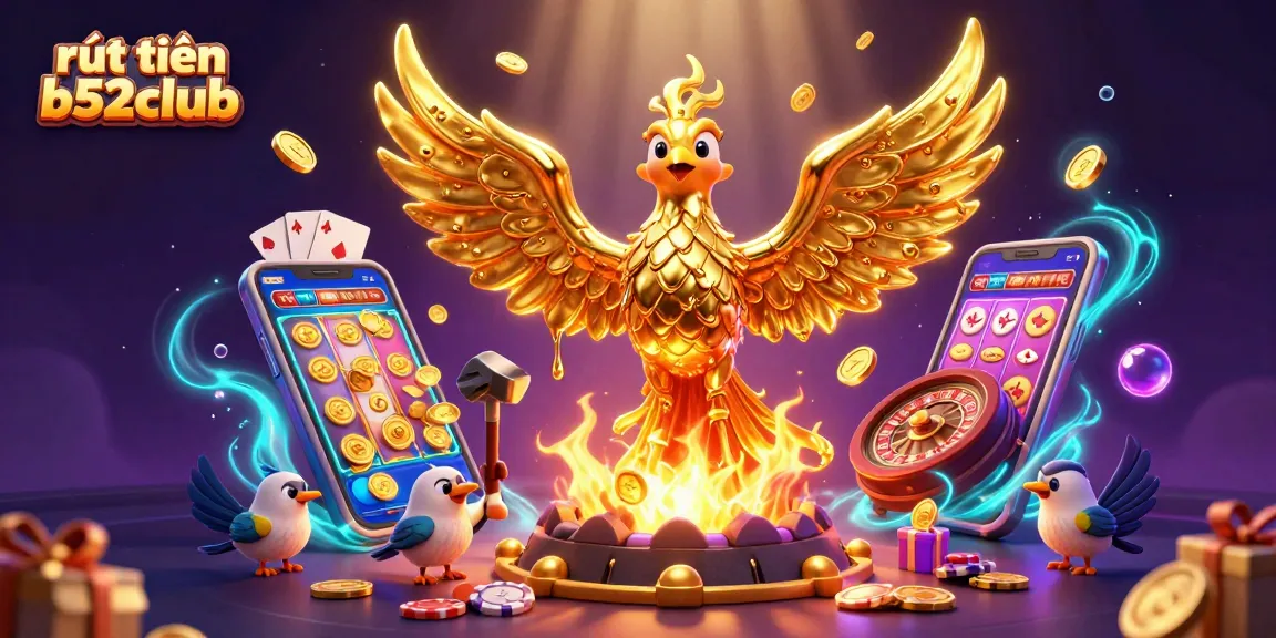 Immerse in rút tiền b52club with gold phoenix and vibrant casino elements, showcasing online gaming excitement.
