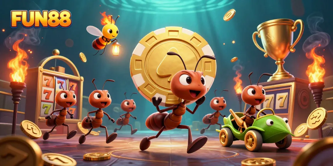 Experience fun and excitement with FUN88 as cartoon ants carry a massive poker chip through a colorful casino heist scene.