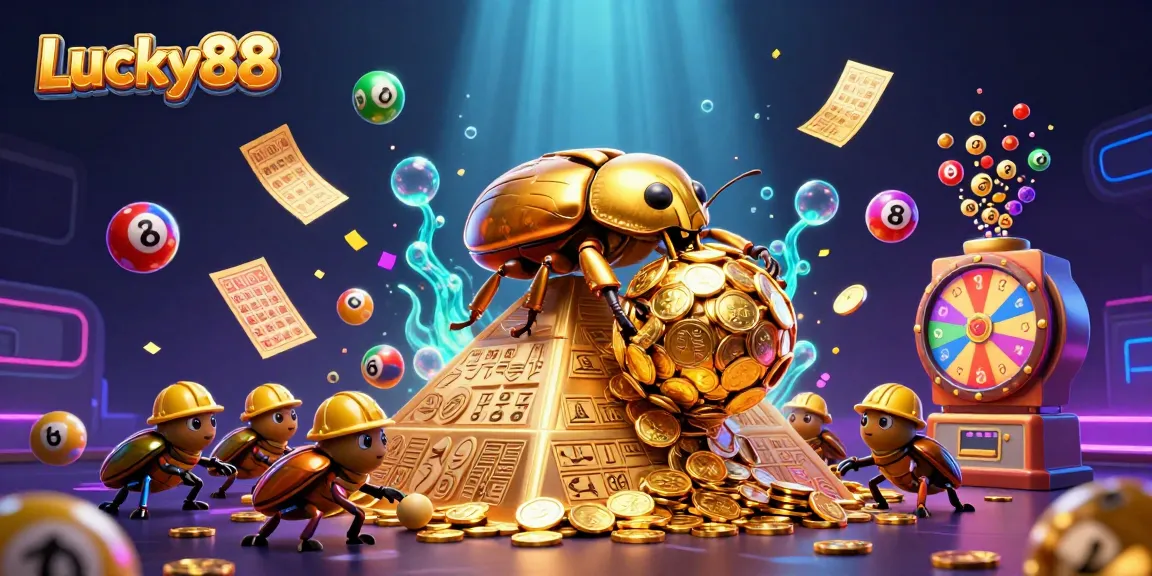Engaging scene showcasing Lucky88 with vibrant lottery elements and golden treasures in 3D.