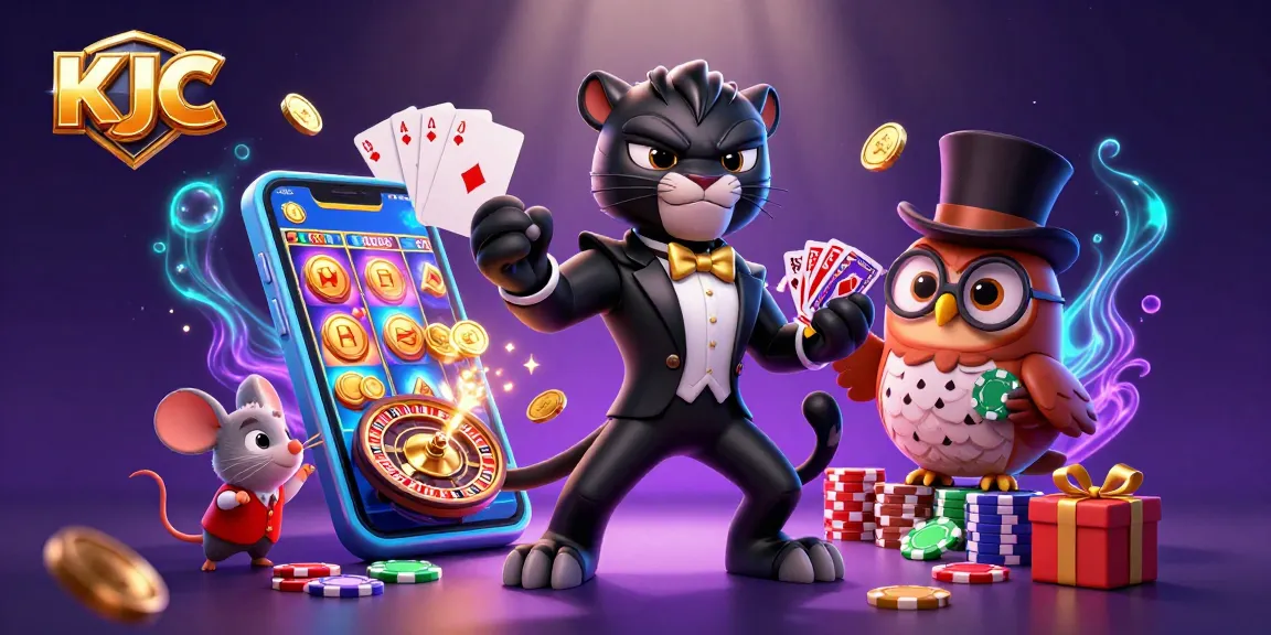 KJC showcases a stylish panther dealing cards, surrounded by playful characters and vibrant casino elements.