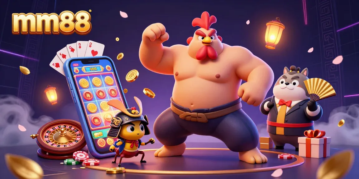 Engage with exciting games at mm88, featuring a sumo wrestler, samurai cricket, and dynamic casino elements.