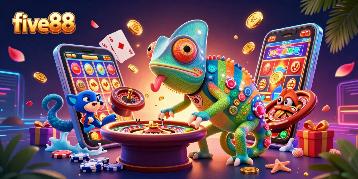 five88 showcases an imaginative gaming scene featuring a vibrant chameleon casino owner amidst casino elements.