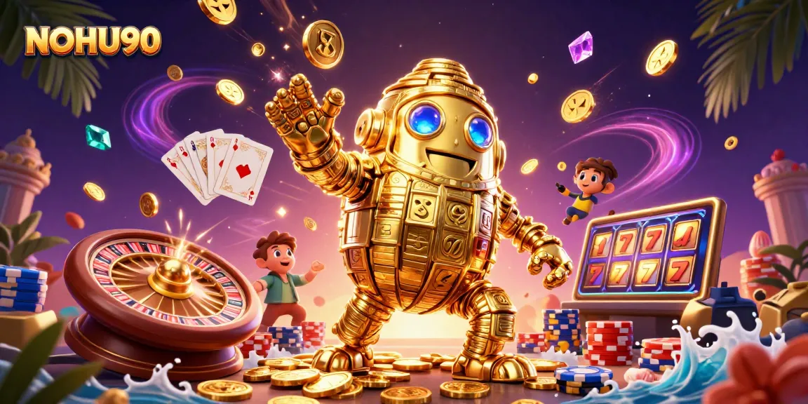 Engage with NOHU90's vibrant jackpot gaming scene featuring a golden golem and cascading coins.