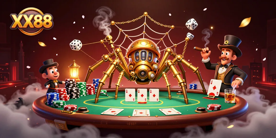 Experience excitement at XX88 with a steampunk spider weaving webs of fortune at the gaming table.
