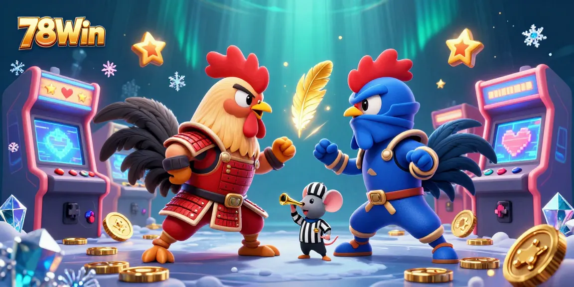 Engage with the thrilling world of 78Win through a battle of cartoon roosters in an energetic casino setting.