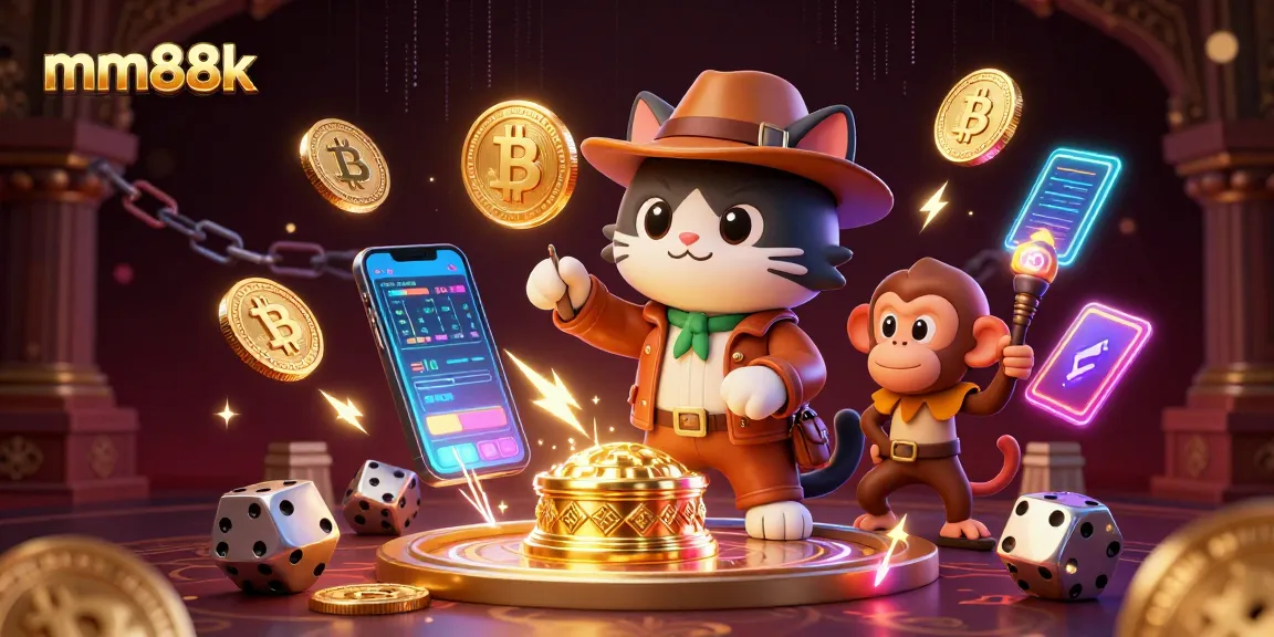 Engage with an exciting scene of the mm88k cat explorer finding golden casino treasures amidst blockchain elements.