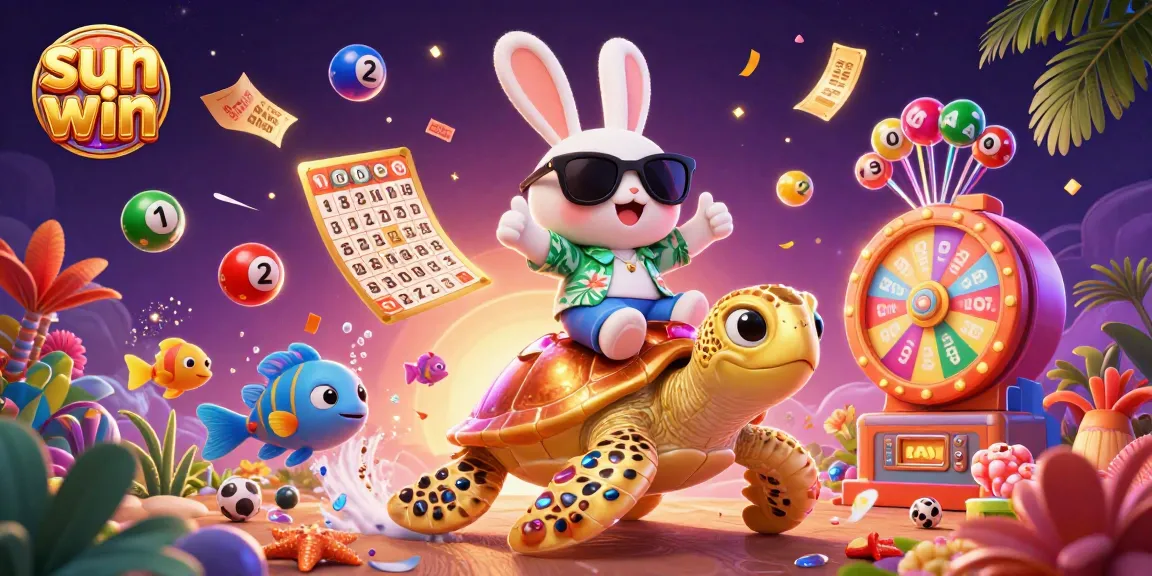 Win with sun win in a vibrant 3D casino scene featuring lucky rabbit and golden turtle.