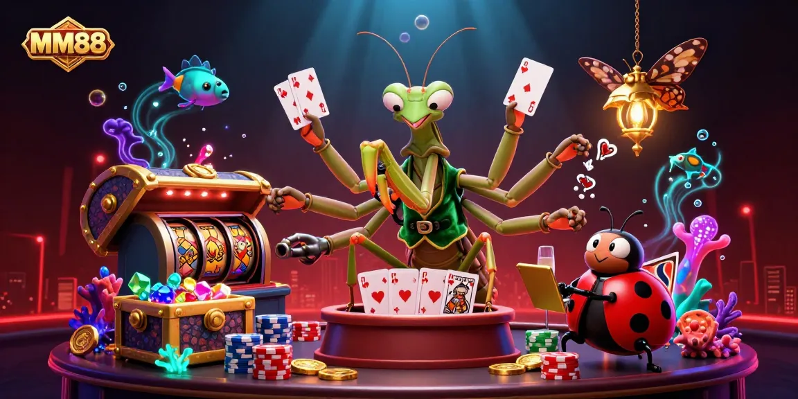 Engage with MM88 in a vibrant casino scene filled with dynamic characters and dazzling game elements.