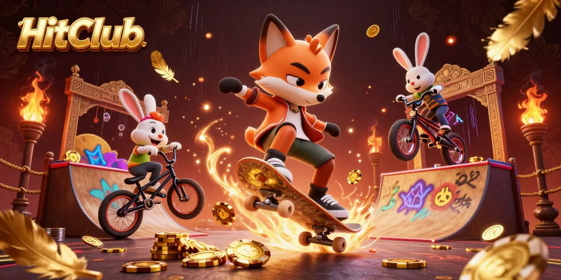 HitClub features a dynamic 3D scene of a fox skateboarder and rabbit BMXer amidst casino elements.